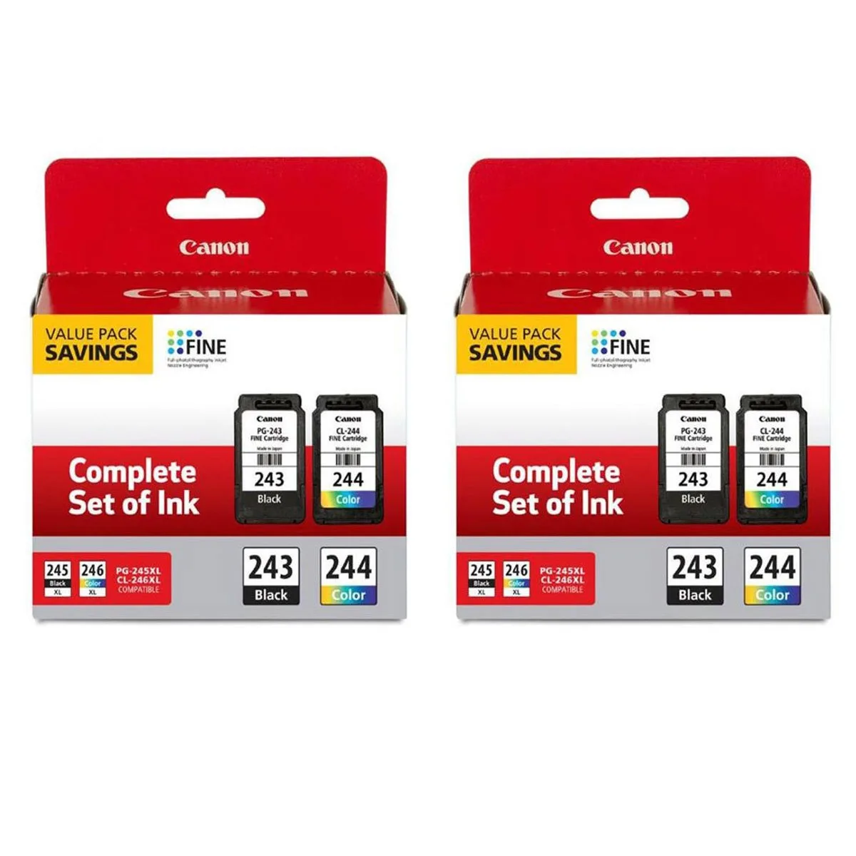 Two sealed Canon ink cartridges, one black PG-243 and one colour CL-244, in retail packaging