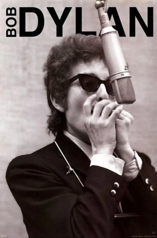 Rectangular poster print of Bob Dylan playing harmonica, 24 by 36 inches, premium heavy stock paper