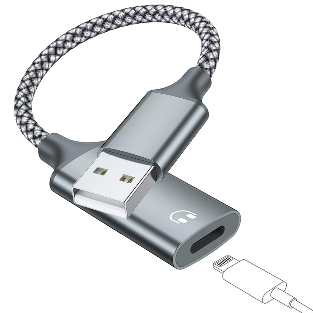 Grey USB 3.0 male to Lightning female adapter with braided cable and inline controls