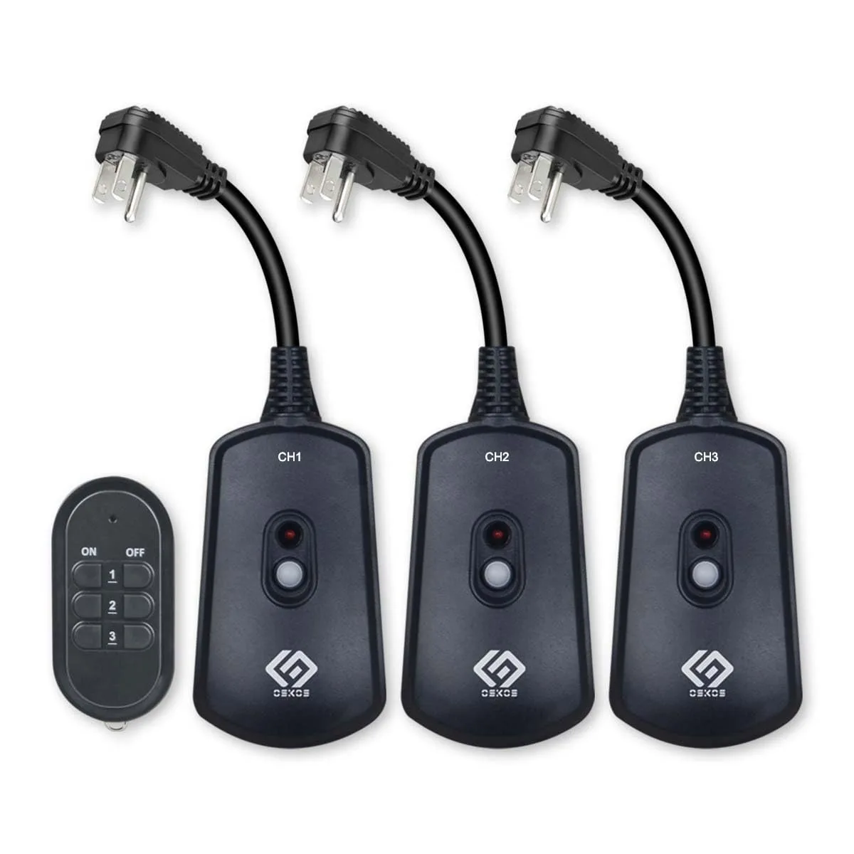 Three white plastic plug-in outlets with a small remote control