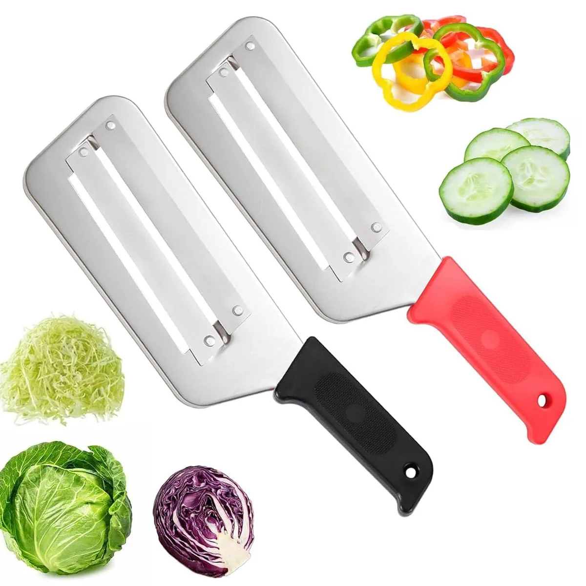 Two black and red stainless steel cabbage shredders with dual blades and a cleaning brush