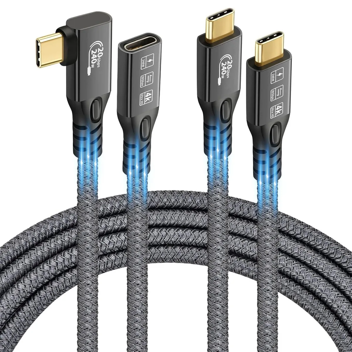 CableDeconn CableDeconn USB C 3.2 Gen 2x2 20Gbps 240W 2-Pack M/M Straight + M/F 90° 3FT — product photo