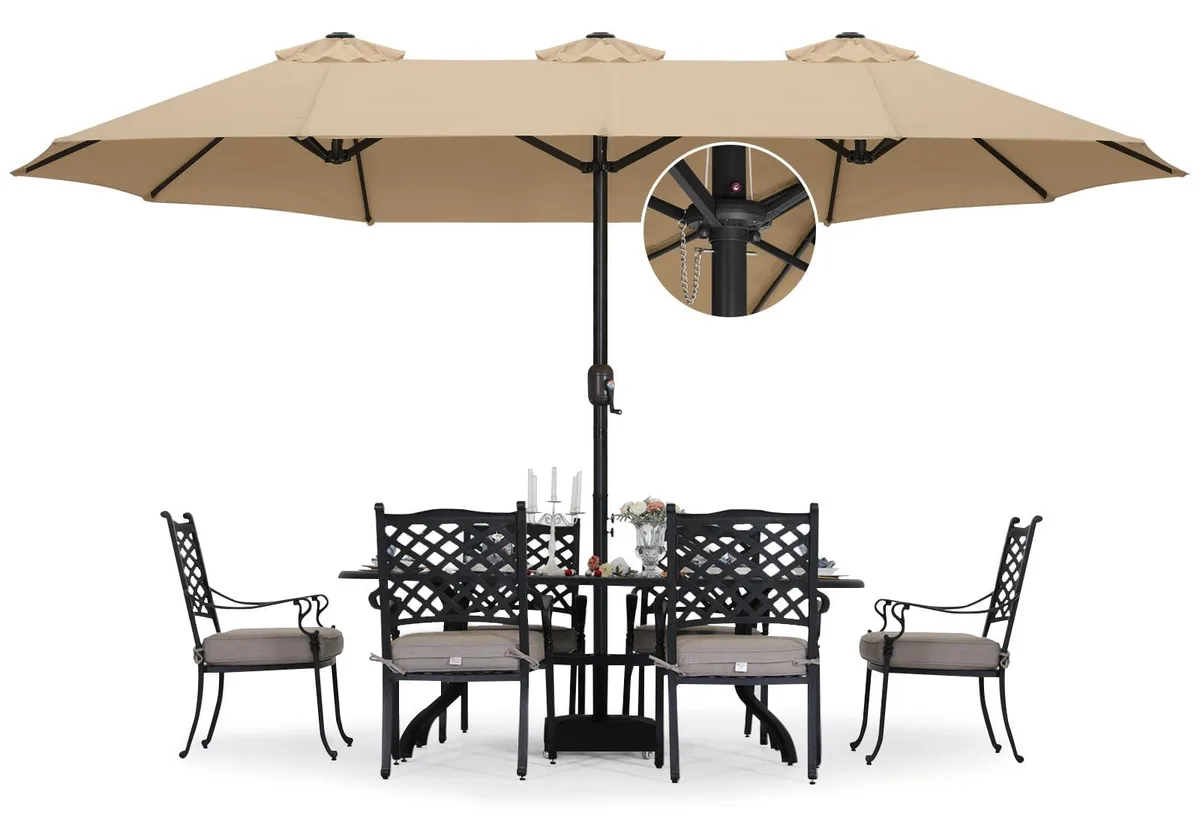 Khaki rectangular patio umbrella with base, 15 ft wide, crank lift, ventilation tops