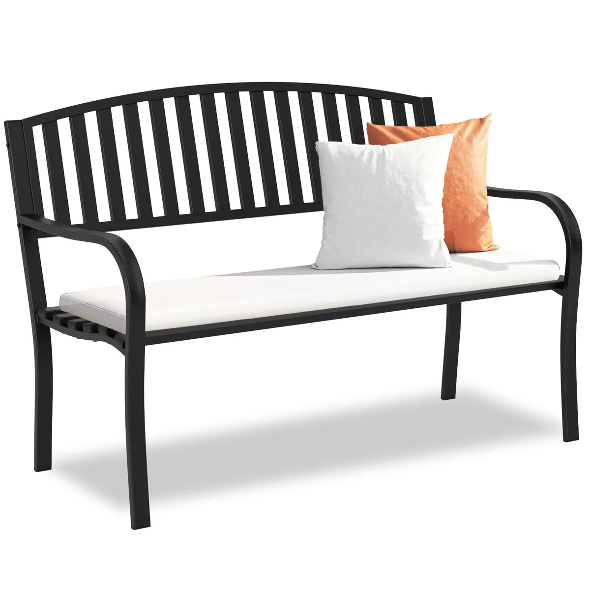 Black metal garden bench, 72 inches long, slatted seat and backrest, curved armrests, powder-coated finish