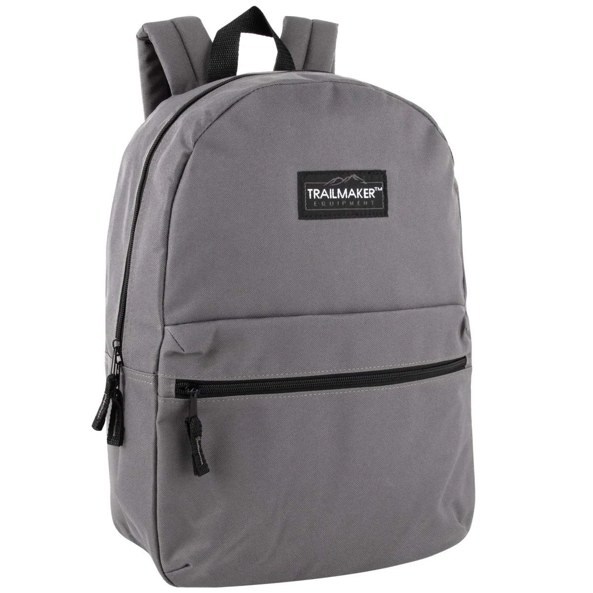 Grey polyester 17 inch backpack with padded straps and double zippers