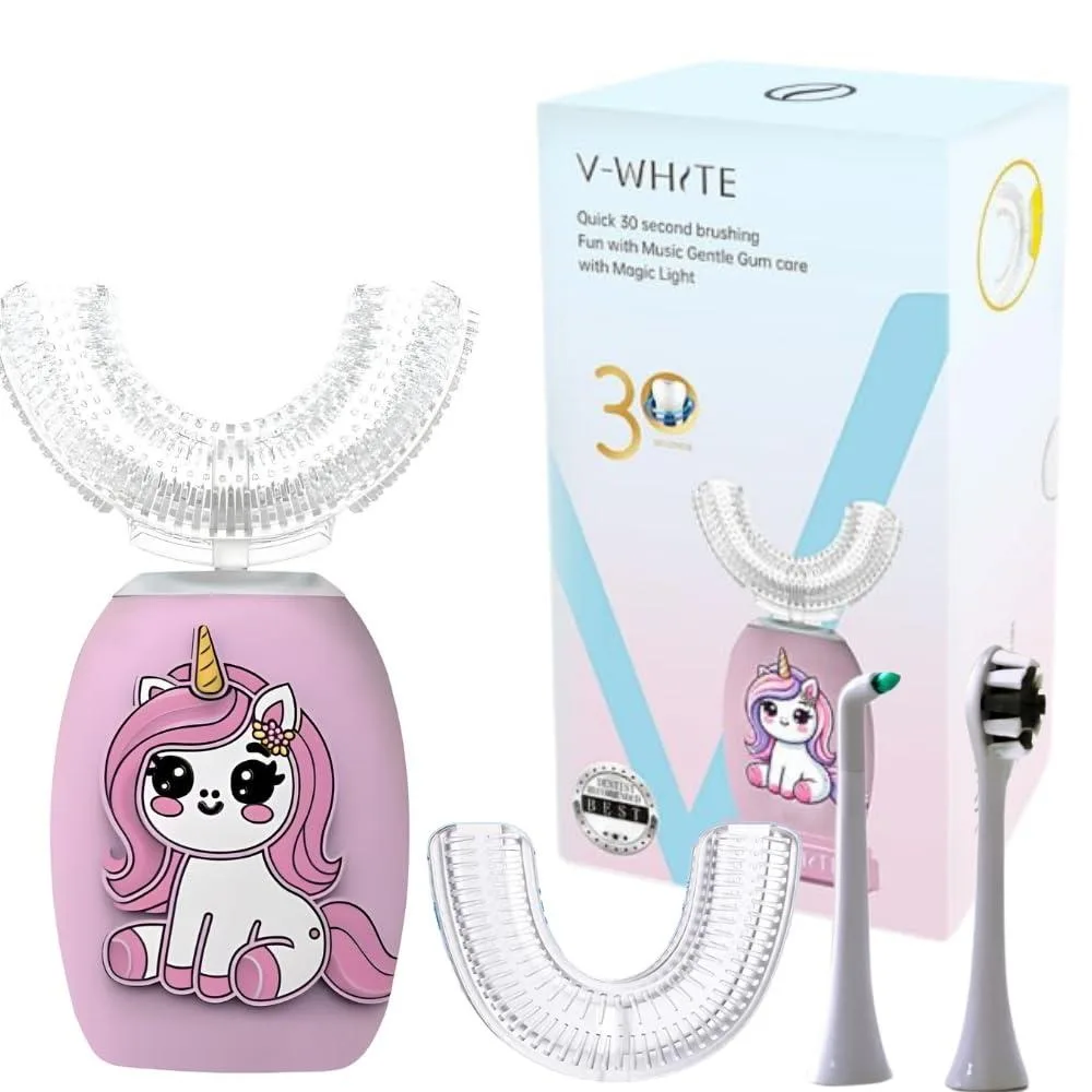 Pink U-shaped ultrasonic toothbrush with silicone mouthpiece and wireless charging dock