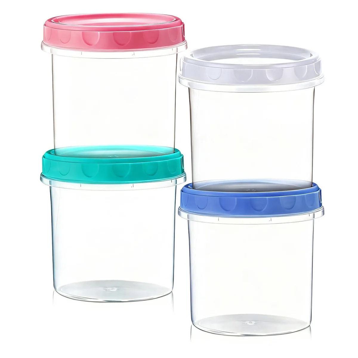 Four clear 16oz containers with red twist-on lids