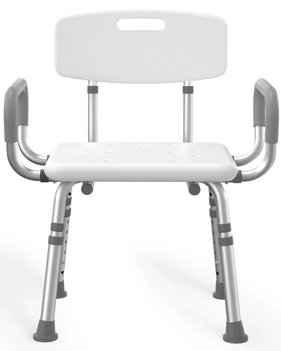 Black plastic shower chair with padded armrests and back, 12 pack