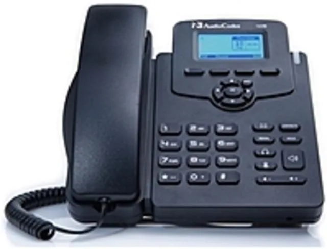 Black corded VoIP desk phone with speakerphone and dual network ports