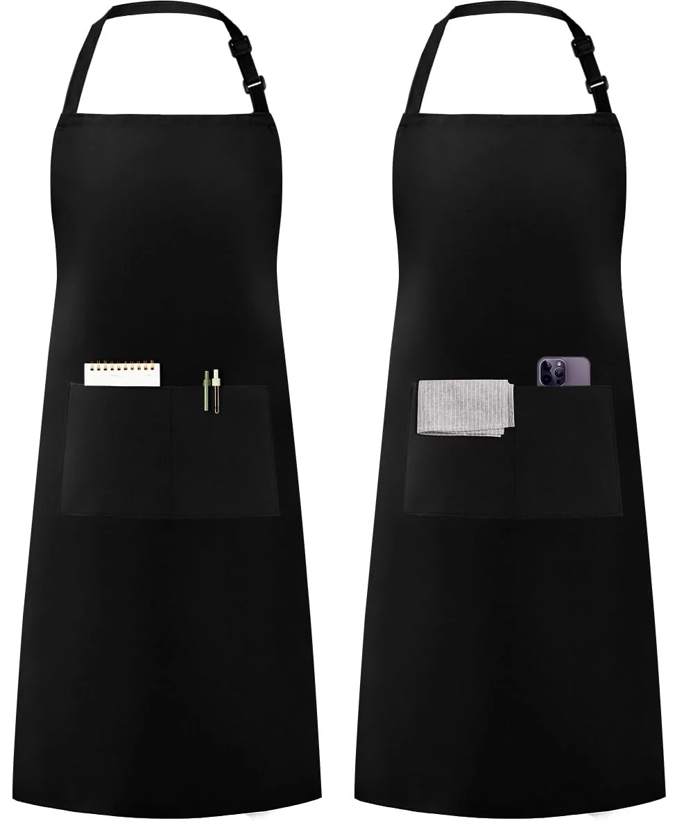 Two black polyester bib aprons with front pockets and long tie straps