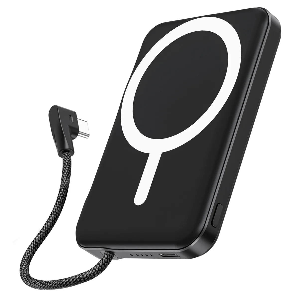 Black rectangular power bank with rounded edges, smooth matte finish, built-in USB-C cable loop visible, compact slim profile