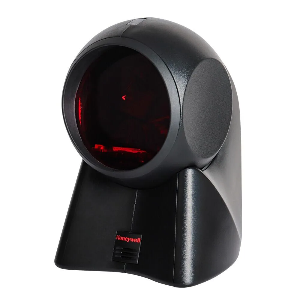 Black omnidirectional barcode scanner on a circular base with a vertical scan window and USB cable