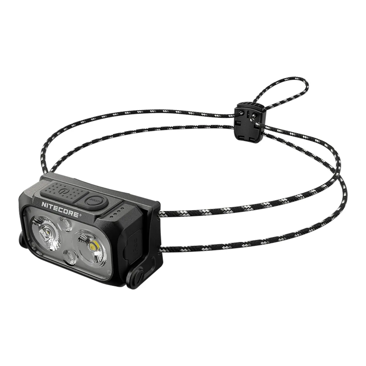 Black Nitecore NU21 headlamp on reflective headband, compact rectangular body with USB-C port