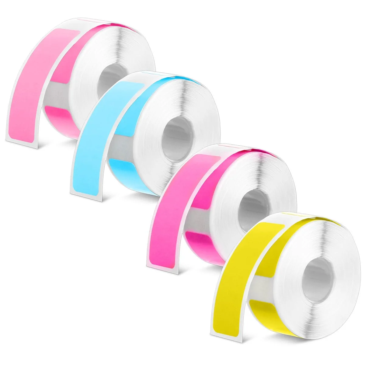 Four rolls of small rectangular laminated labels in yellow blue pink and rose red