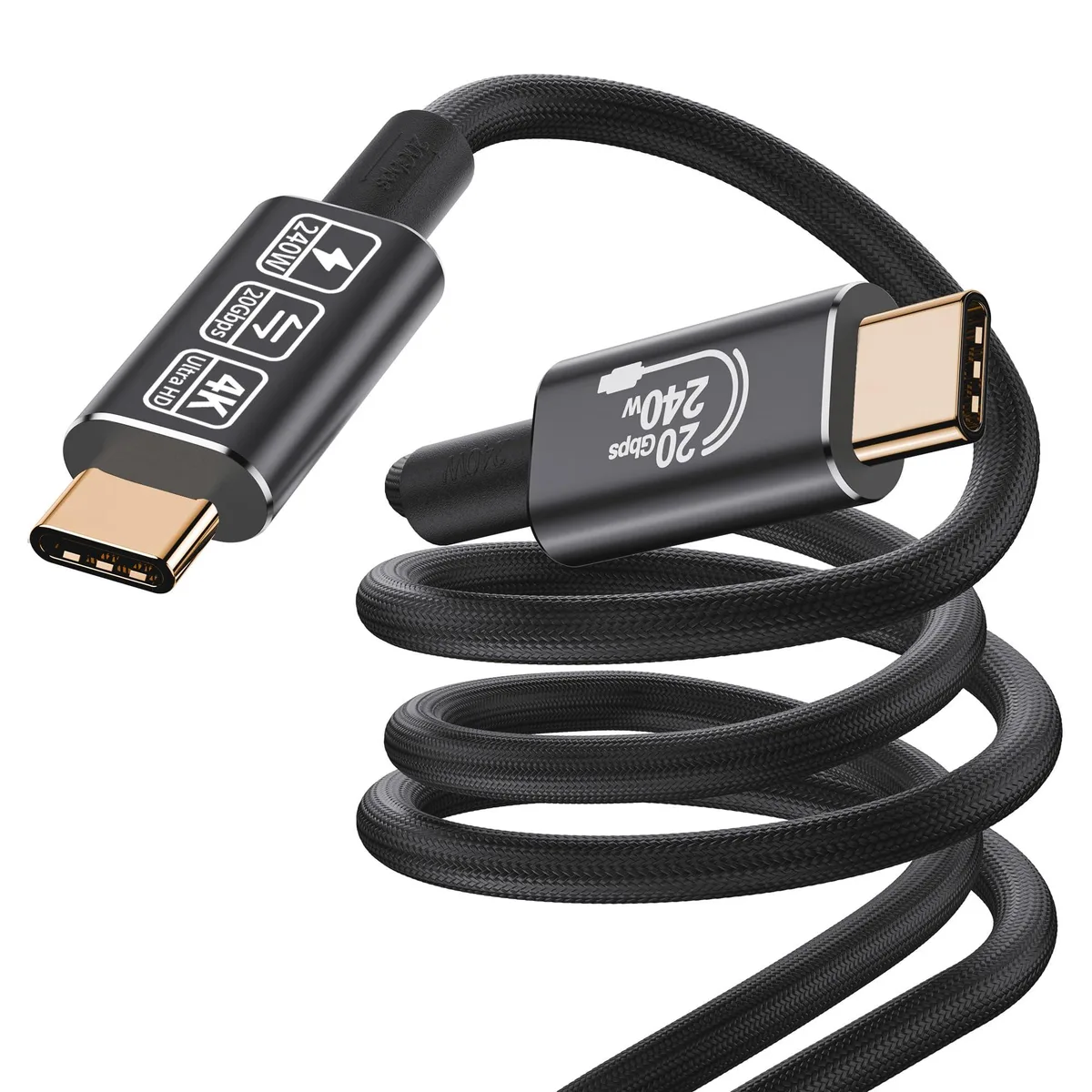 Black braided USB-C to USB-C cable with metal connectors, 10 ft long