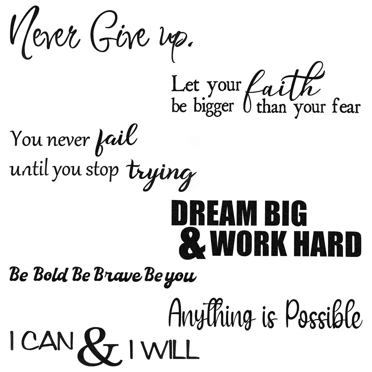 Five black vinyl wall-decal sheets with inspirational quotes, each 13 to 16.5 inches long