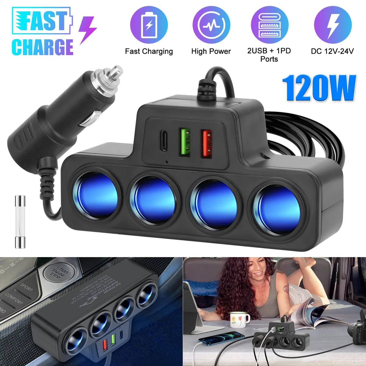 NSI NSI 7-in-1 120W Car Charger Adapter 12V 24V Black — product photo