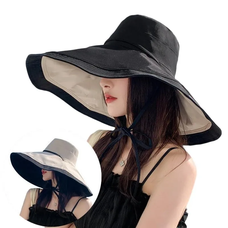 Sun Hats Women Foldable Wide Brim UV Protection Bucket Hat Black 6.49cm brim 22.04-22.8in circumference — product photo