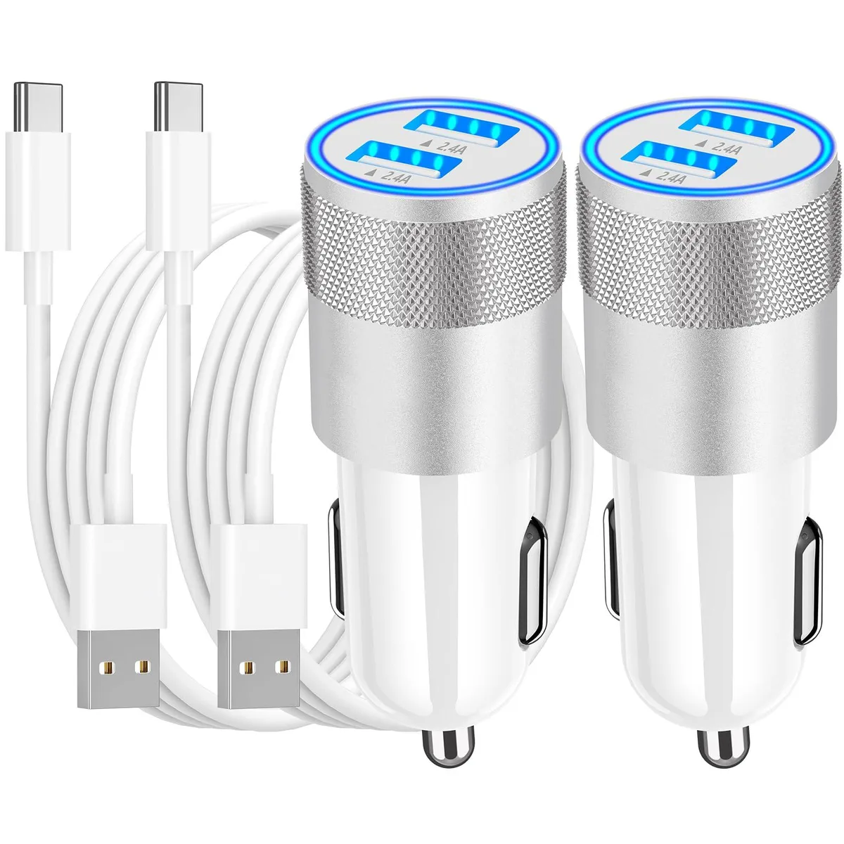 Two black USB car chargers with Type-C cables plugged into cigarette lighter sockets