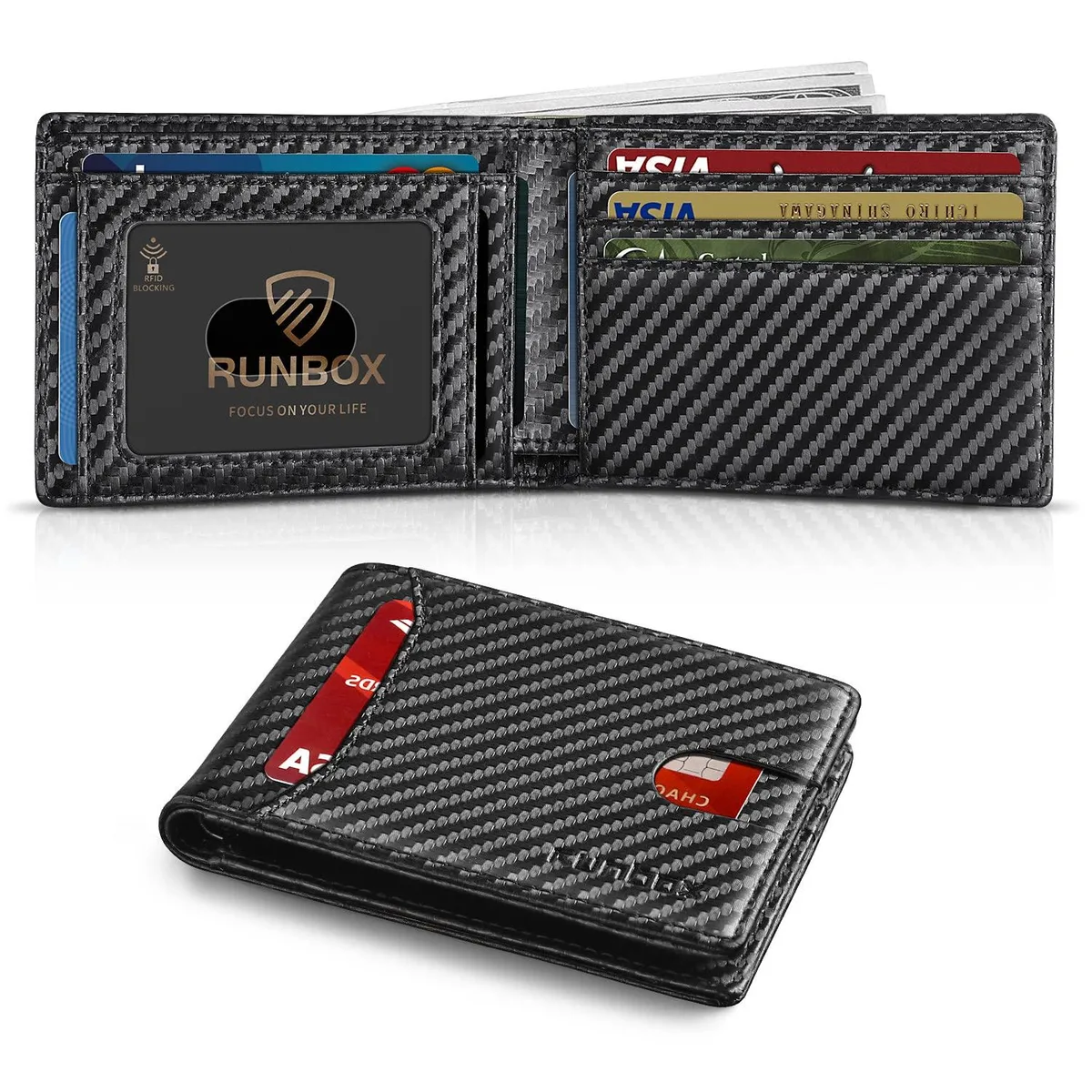  RUNBOX Tqb01 wallet bifold RFID 11 cards 4.3x3x0.5 in black — product photo
