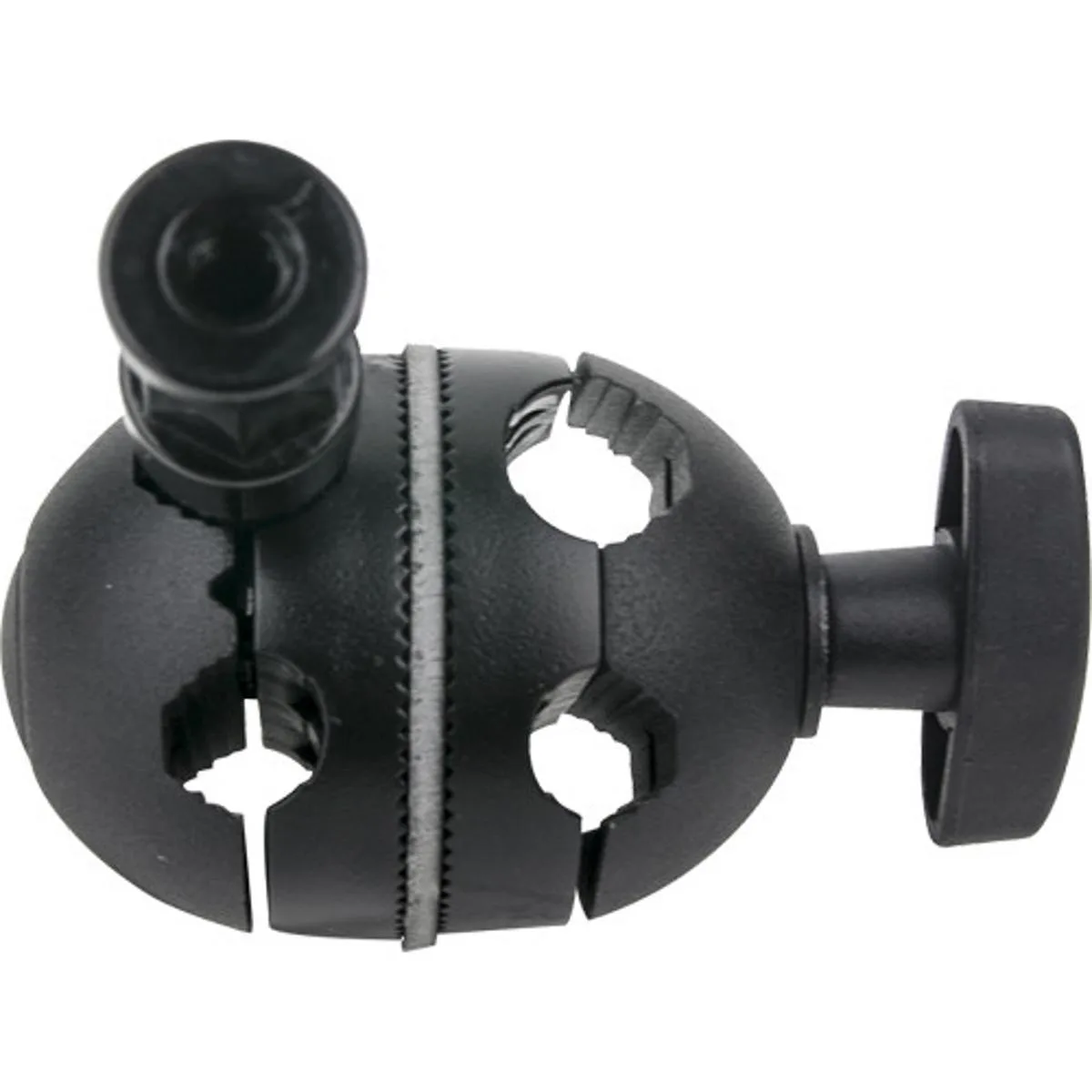 Compact hybrid head with two V-jaws and hex baby stud, matte metal finish