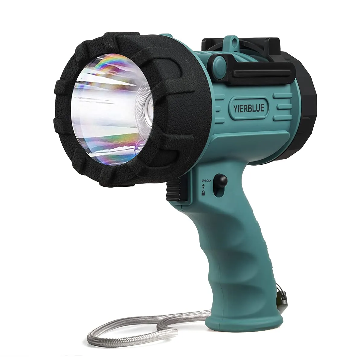 Yellow handheld spotlight with red filter attached, rectangular ABS body, USB-C port visible