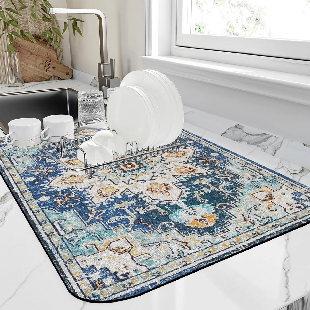 Rectangular 12 by 19 inch mat with Bohemian textile rug texture, suede surface and rubber backing