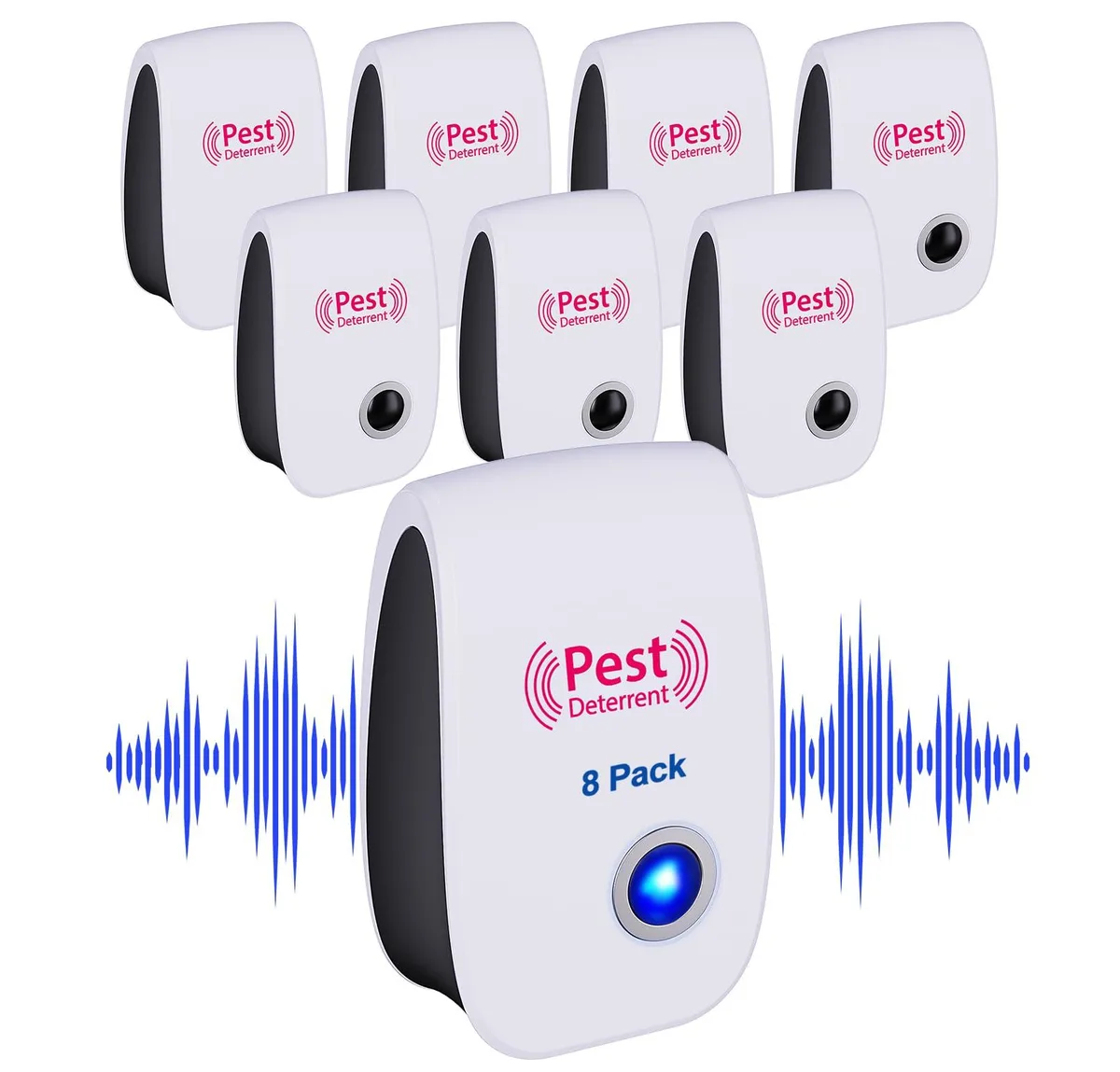Eight white plug-in ultrasonic pest repellers with LED night lights