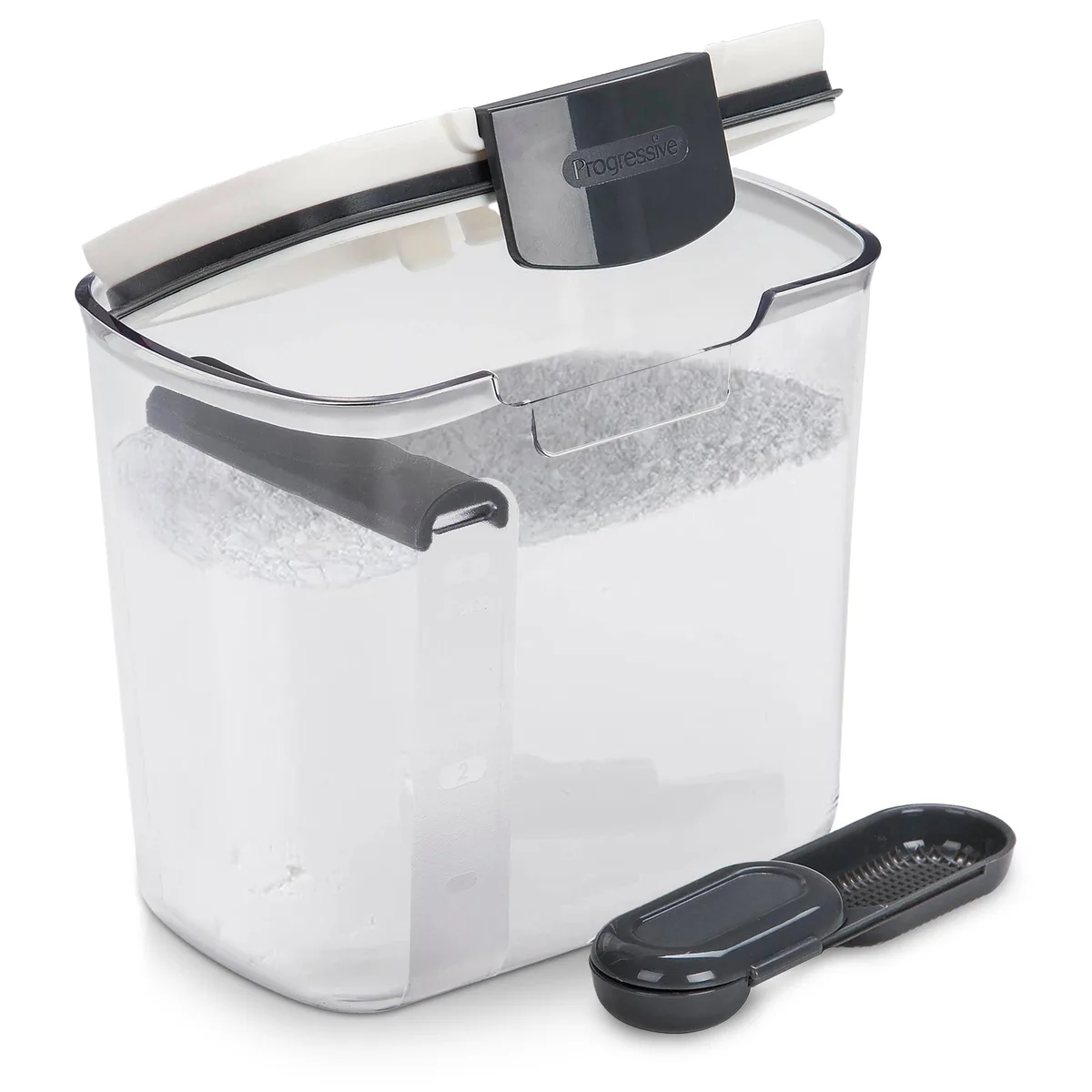 Red 1.4-quart airtight food storage container with grey lid, measuring spoon and leveling bar