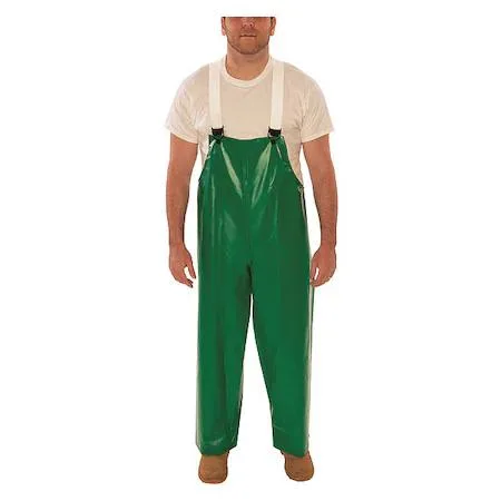 Green PVC flame-resistant rain bib overall with snap fly and polyester lining