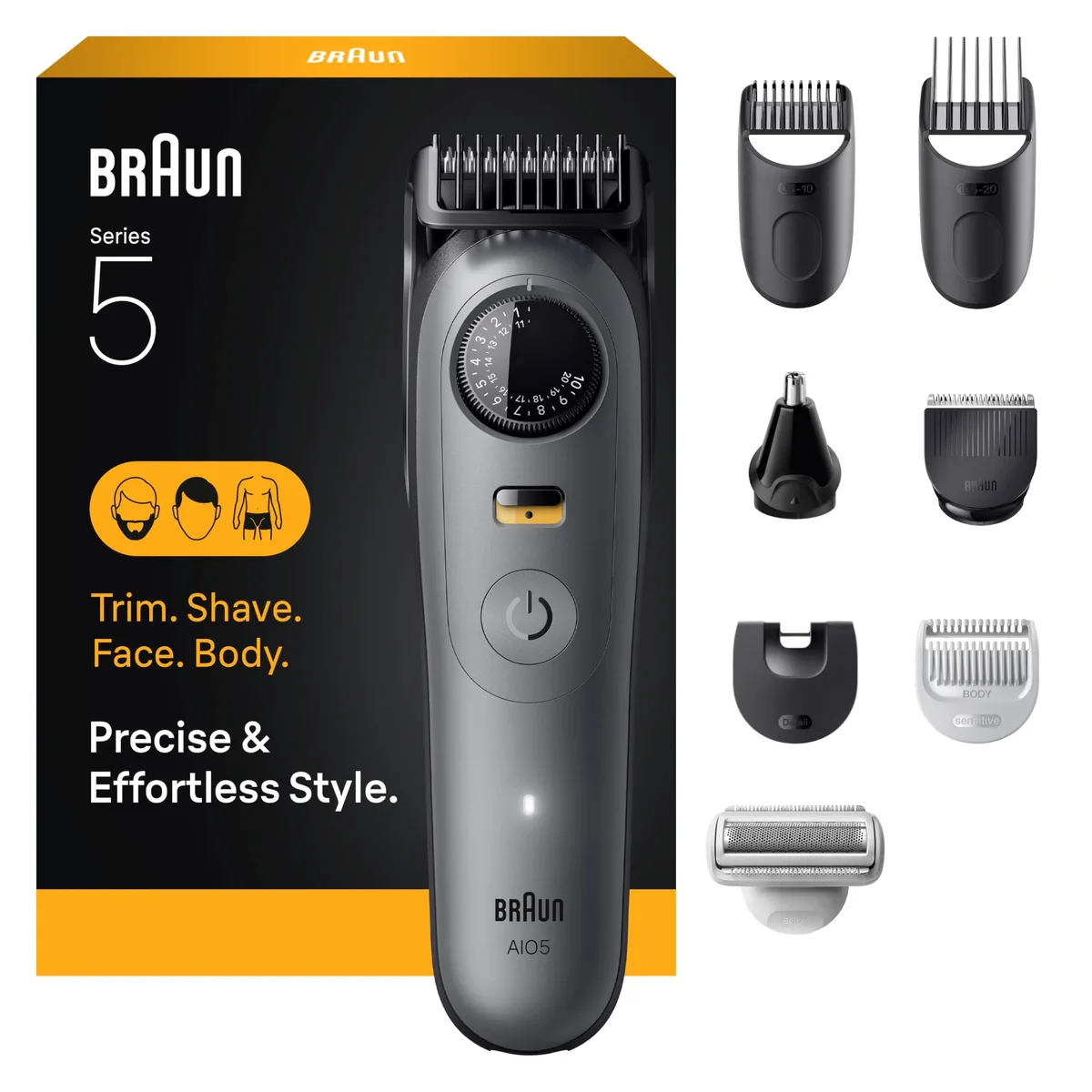 Black cordless grooming kit with multiple attachments and charging stand