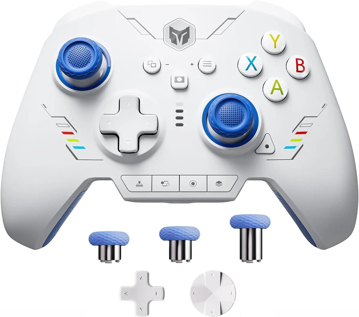 Blue wireless gamepad with textured grips and interchangeable thumbsticks