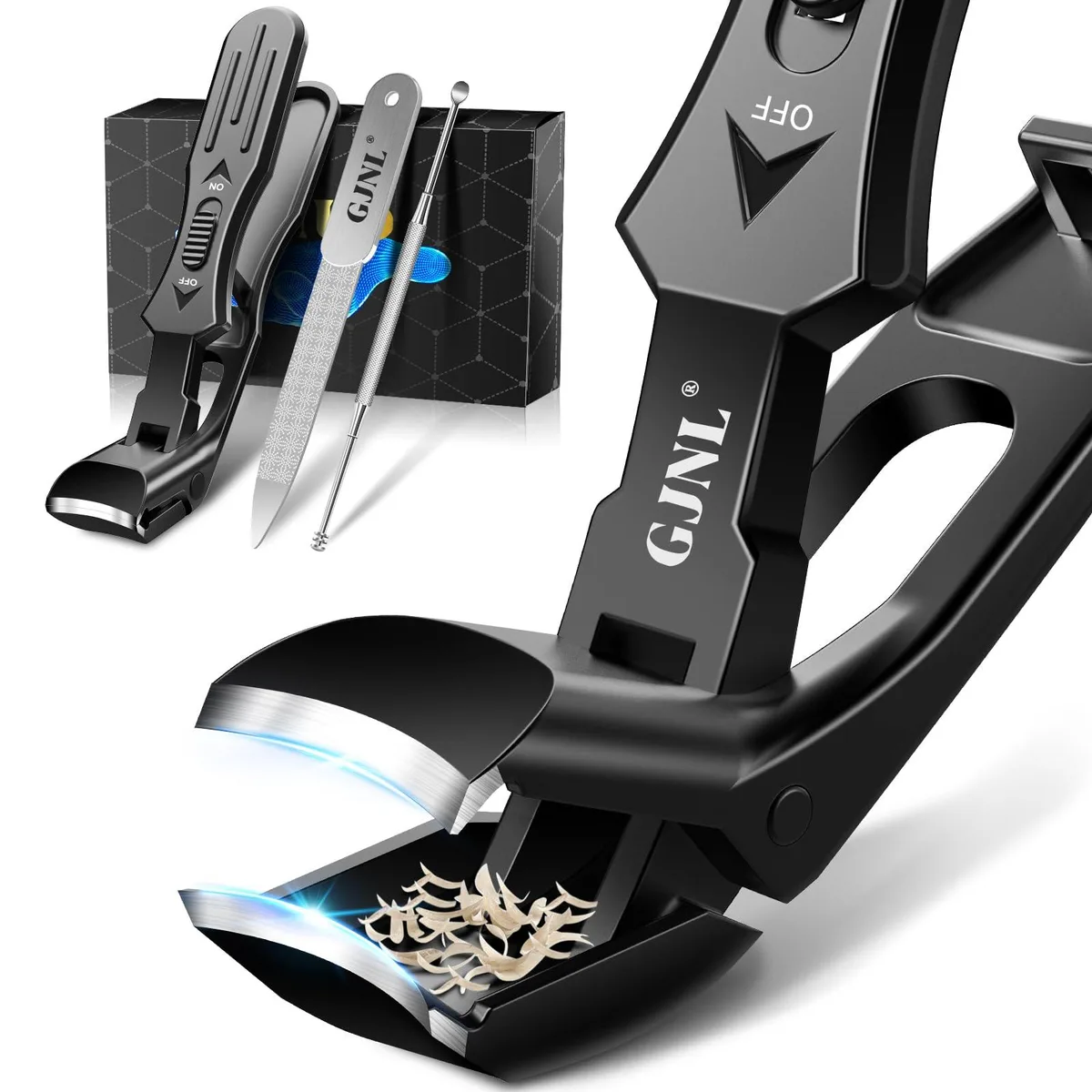 Three black angled nail clippers with long textured handles and convex blades