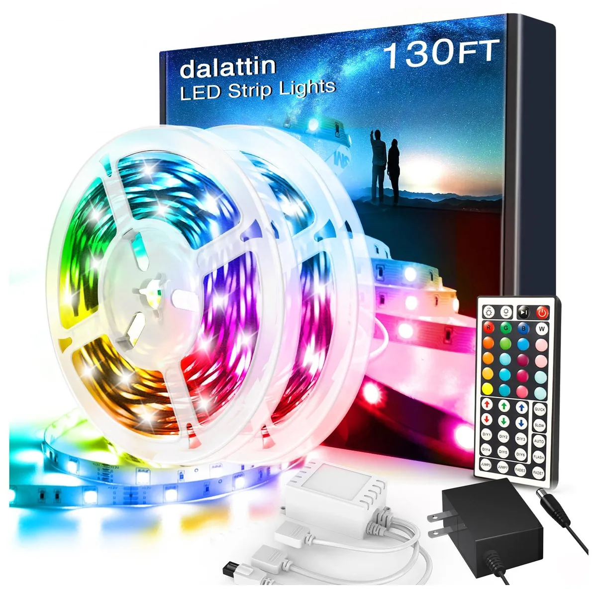 Two 65-foot orange LED strips on reels with a 44-key remote and 24V power supply