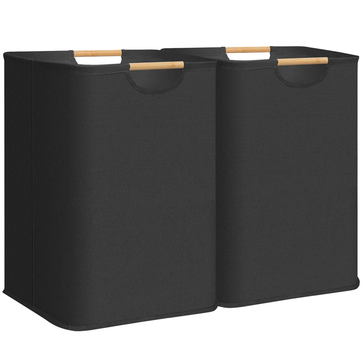 Two black collapsible laundry hampers with bamboo handles standing side by side