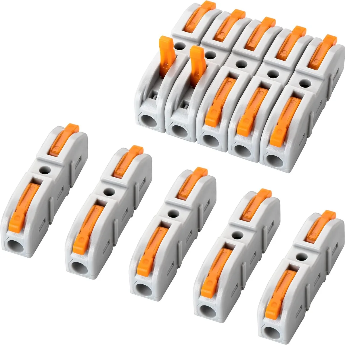 A clear plastic box holding fifty black lever wire connectors with orange levers
