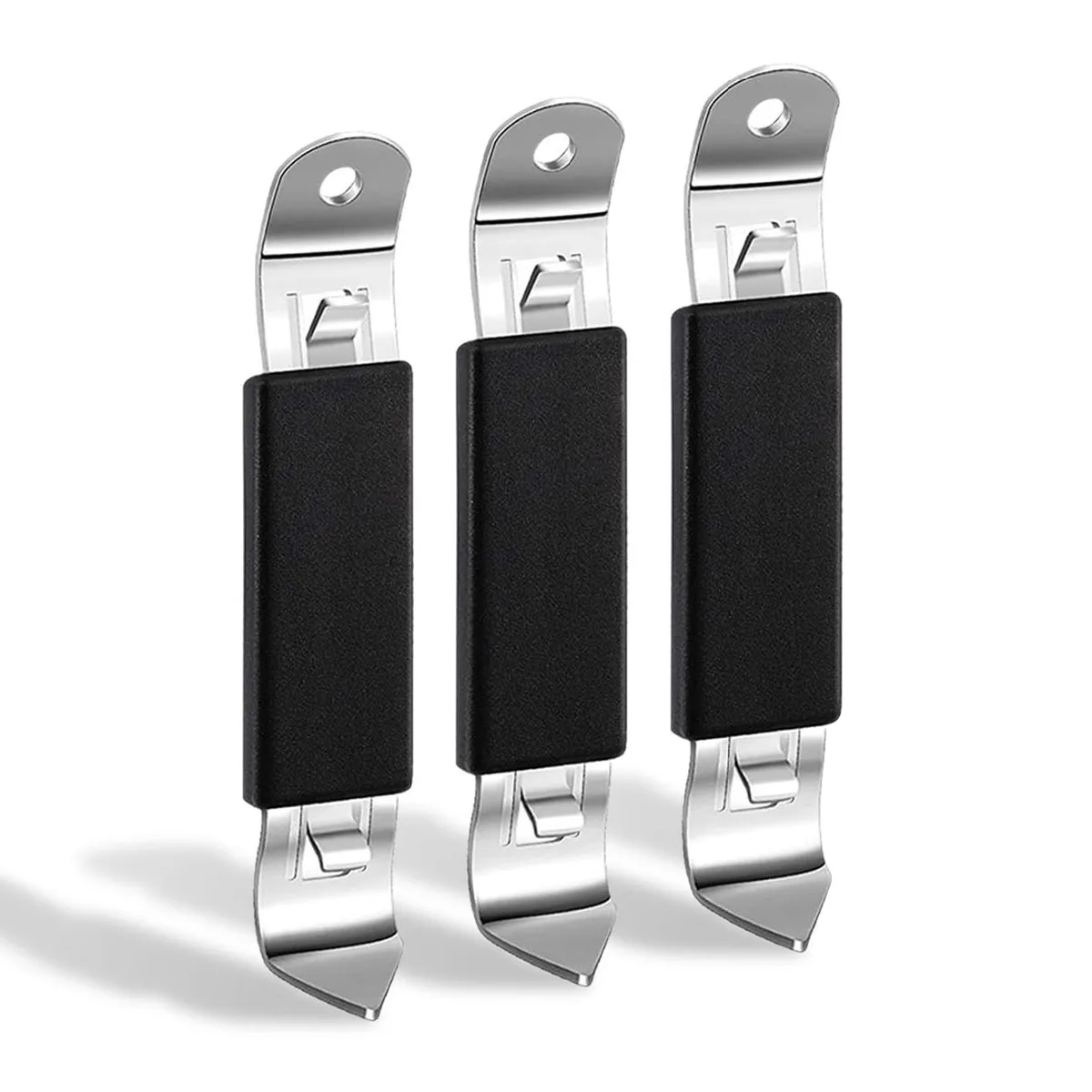 Three black flat openers 4.5 by .87 inches with magnetic backs