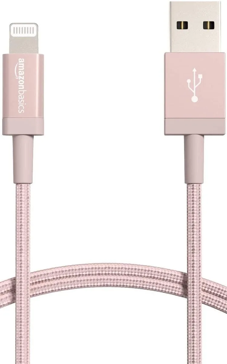 Rose gold nylon braided USB-A to Lightning cable, three foot length