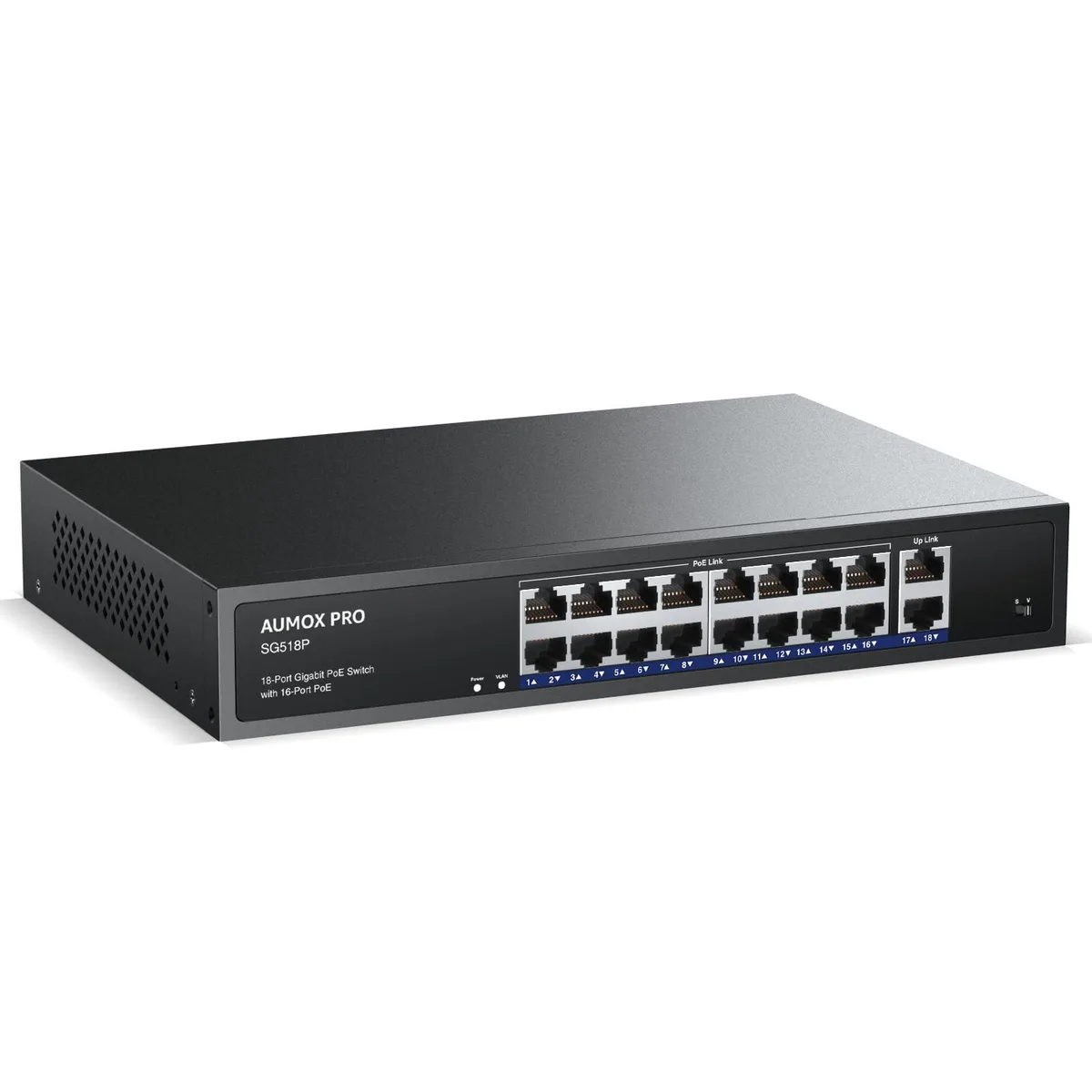 Silver metal network switch with 18 RJ45 ports and two uplink ports