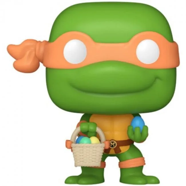 Tiny vinyl Michelangelo in pastel Easter outfit holding basket inside egg-shaped case