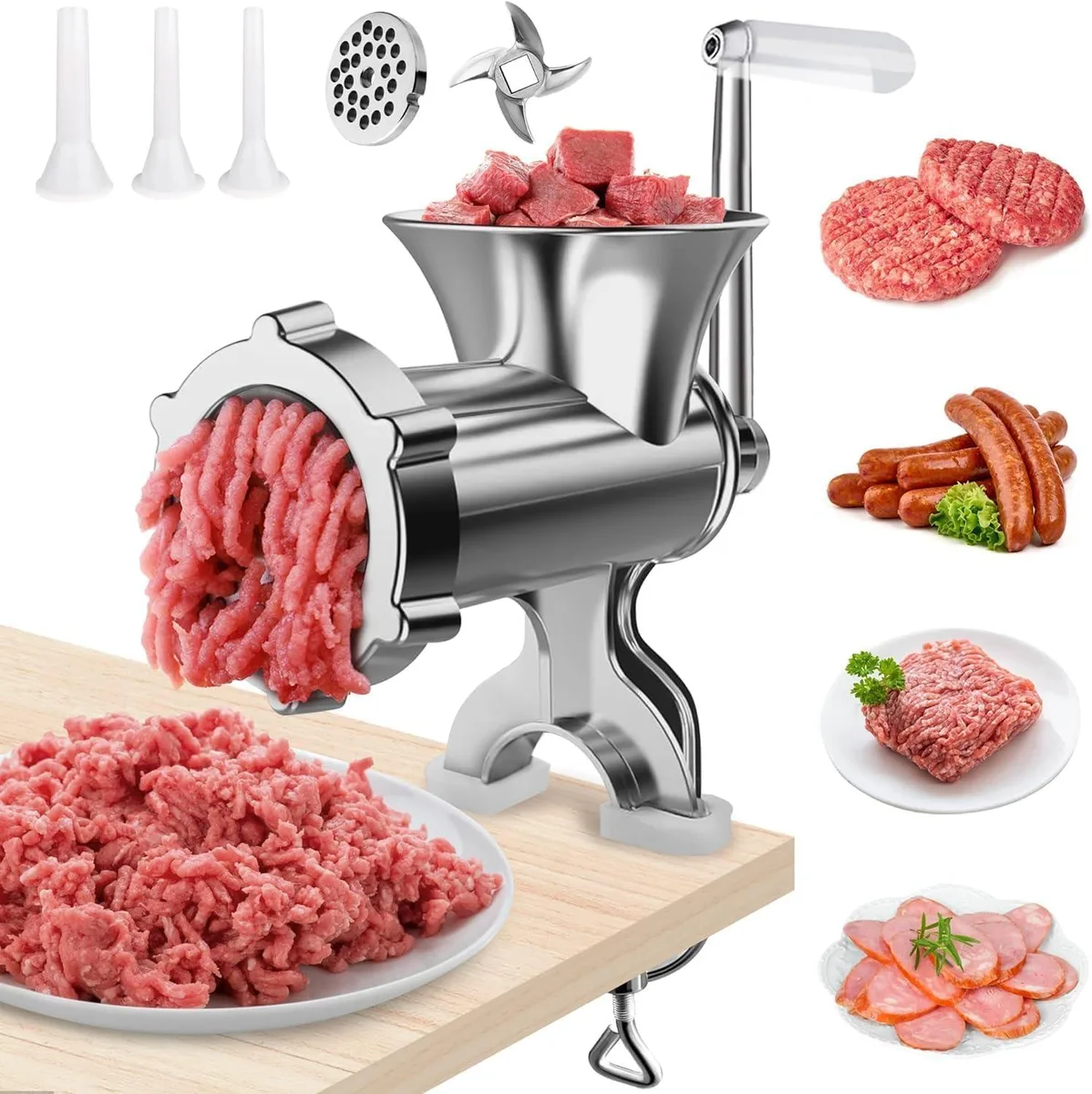 Black manual meat grinder with crank handle and sausage funnel