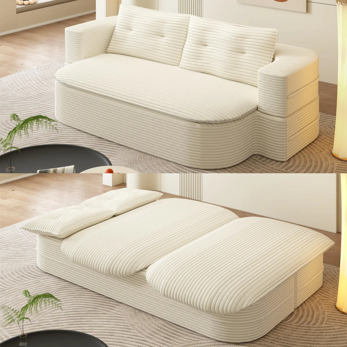 Beige foldable floor sofa, 78.7 inches long, corduroy fabric with tufted backrests, includes blanket and two pillows