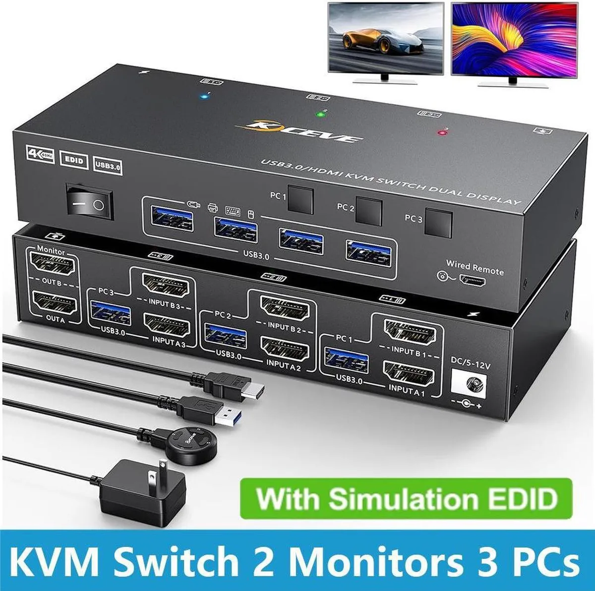 Vszerda Vszerda USB 3.0 HDMI KVM Switch 2 Monitors 3 Computers 4K@60Hz 2K@144Hz — product photo
