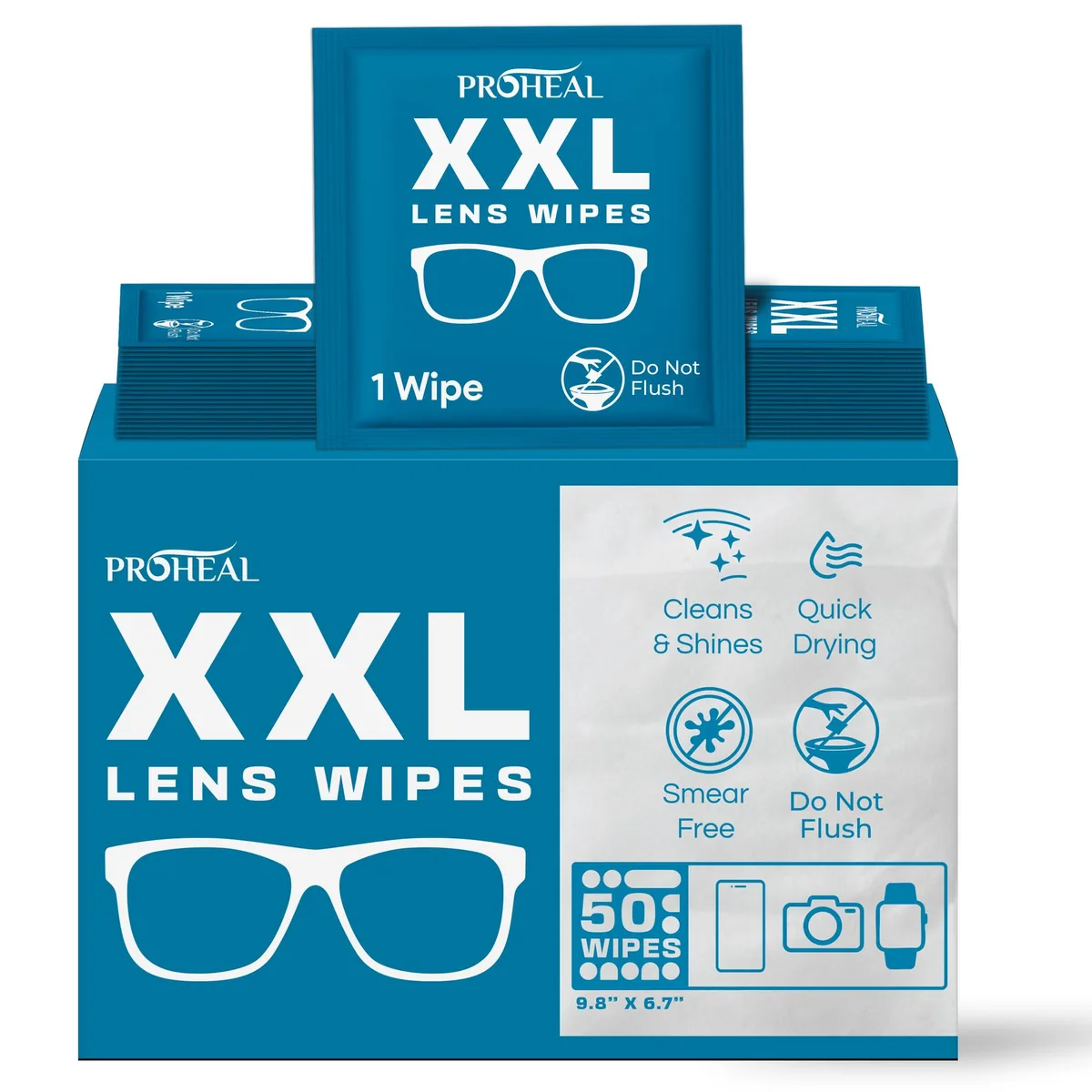 Pack of 50 individually wrapped lens wipes, 9.8 by 6.7 inches