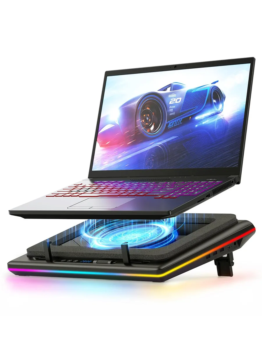  V12 laptop cooling pad 5.5in turbofan 36W 44°C drop 15.6-19in 3 USB 2.0 RGB — product photo