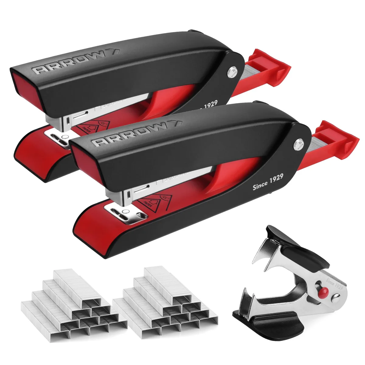 Two black and red metal desk staplers with staple remover and staples
