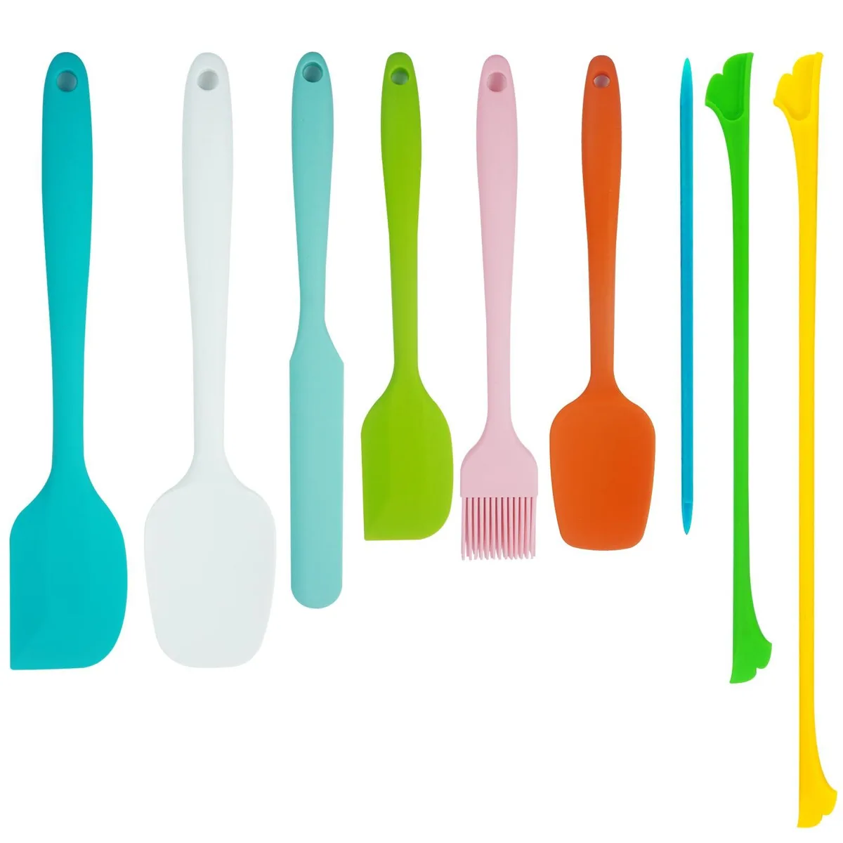 Nine multicolour silicone spatulas with seamless one-piece design