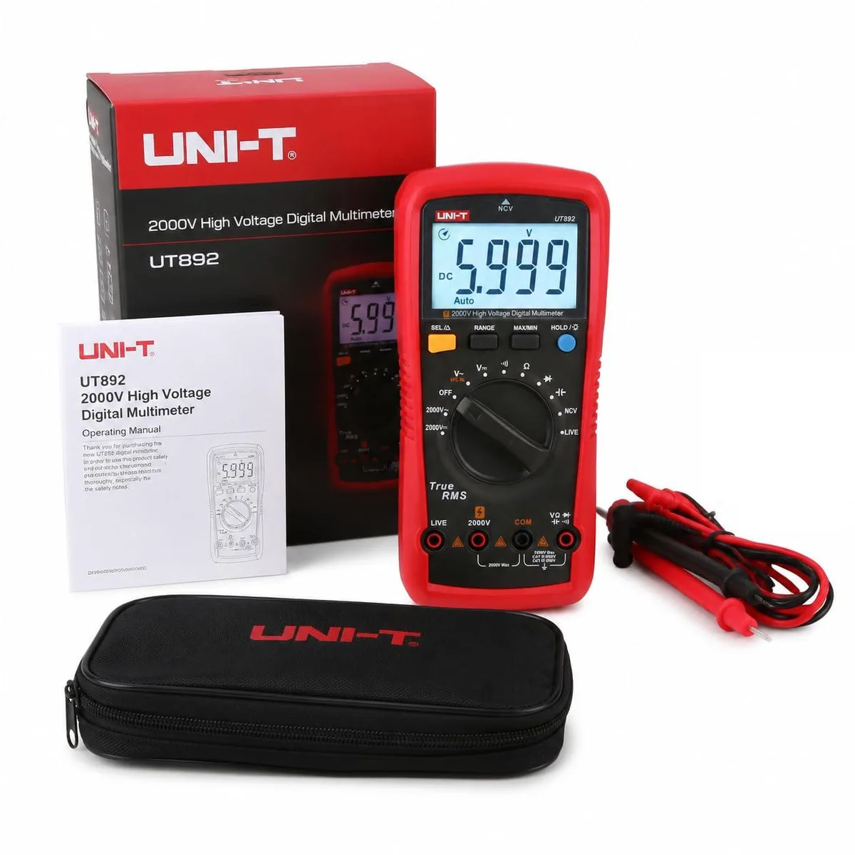 Yellow handheld digital multimeter with rotary dial and LCD display
