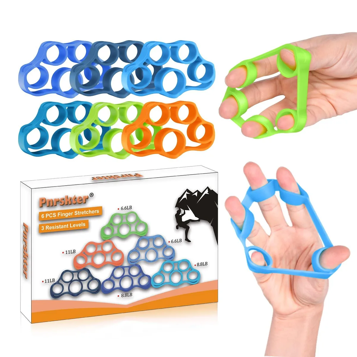 Six black silicone finger exerciser bands with resistance loops