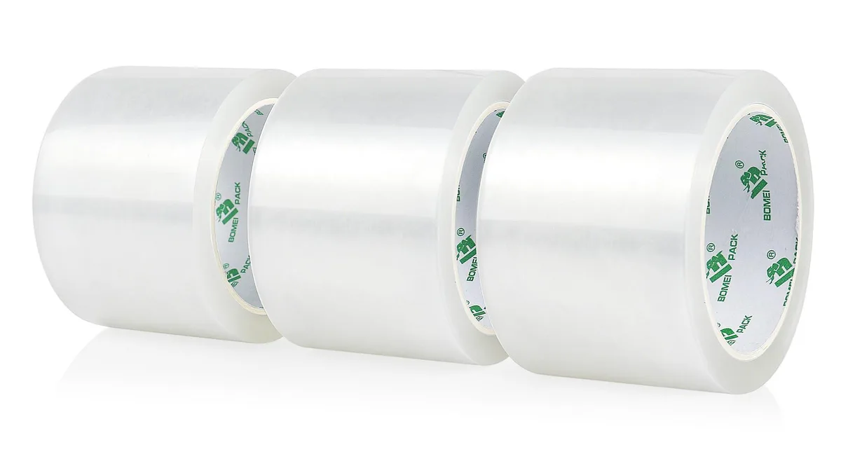 Three rolls of clear packing tape on 3-inch cores, 55 yards each, 2.4 mil thick